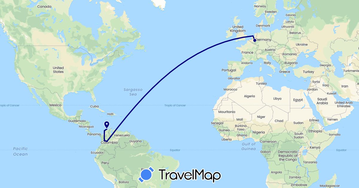 TravelMap itinerary: driving in Colombia, Netherlands (Europe, South America)